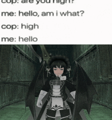 a girl with black wings is standing in a hallway with a caption that says cop are you high