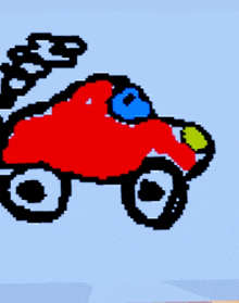 a pixel art drawing of a red car with a blue headlight