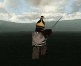 a video game character holding a sword and shield with a cloudy sky in the background