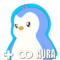 a blue and white penguin with the word aura written below it