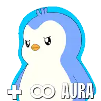 a blue and white penguin with the word aura written below it