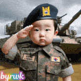 a baby in a military uniform salutes in front of a tank with the words byrwk written on the bottom