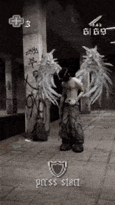 a man with angel wings is standing in front of a wall with graffiti on it and the words press start below him