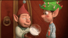 a cartoon elf is holding a snow globe while another elf looks on
