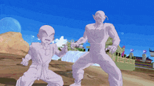 a drawing of a man standing next to another man with a blue sky in the background