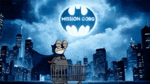 a cartoon character in a cape is carrying a shopping cart in front of a batman logo that says mission gorg