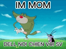 a cartoon cat is standing next to a cockroach in a grassy field .