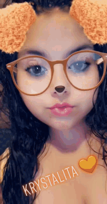 a girl wearing glasses and a heart with the name krystalita