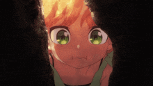a girl with green eyes looks out of a hole in the ground