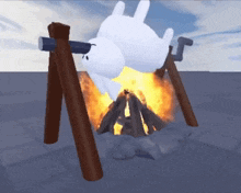 a cartoon rabbit is laying on its back in front of a campfire