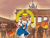 a girl in a blue dress is dancing in front of a crowd of people with german flags .