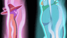 two cartoon characters are standing next to each other with one wearing a hat and the other wearing a scarf