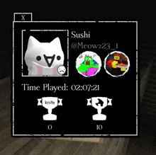 a screenshot of a game that says sushi and time played