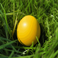a yellow egg is sitting in the grass with the sun shining on it