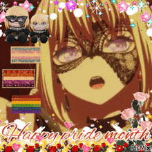 a picture of a girl with a mask on her face and the words happy pride month