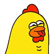 a cartoon yellow chicken with a red crest is sticking its tongue out .
