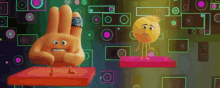 a hand and a smiley face are standing next to each other in a room .