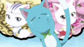 a blue cat with a green bow on its neck is standing next to two white cats