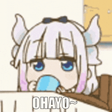 a cartoon of a girl with horns drinking from a cup and the words ohayo on the bottom .