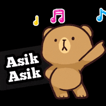 a teddy bear is dancing in front of a black background that says asli asik