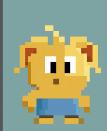 a pixel art drawing of a yellow dog with a blue shirt on