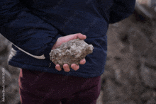 a person is holding a large rock in their hand behind their back
