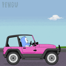 a penguin is driving a pink jeep on the road