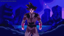 a pixel art of a person with a purple aura standing in front of a city .