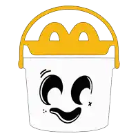 a white bucket with a yellow handle and a face on it