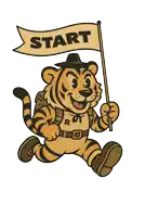 a cartoon tiger holding a flag with the word start on it