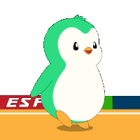 a cartoon penguin is standing in front of a esp banner