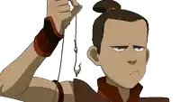 a cartoon of a man holding a hook with a knot in it