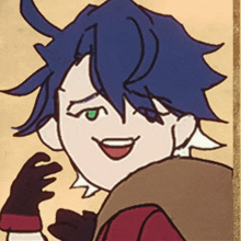 a drawing of a boy with blue hair and green eyes