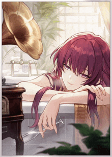 a picture of a girl laying in a bathtub with a phonograph behind her