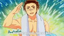 a shirtless anime character with a towel around his neck and the caption australia he wants to give shibeza kiss
