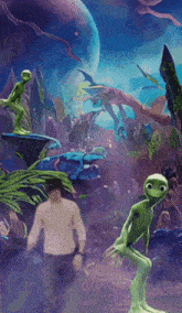 a man is standing in front of a painting of frogs