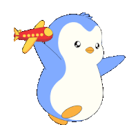 a blue and white penguin is holding a toy airplane on its back