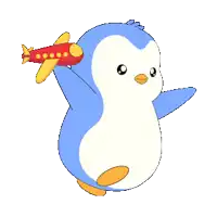 a blue and white penguin is holding a toy airplane on its back
