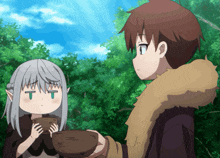 a boy and a girl are looking at each other and the girl is holding a bowl