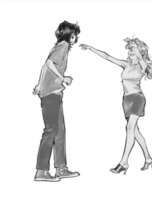a black and white drawing of a man and a woman dancing together