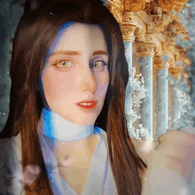 a woman with a white scarf around her neck stands in front of columns