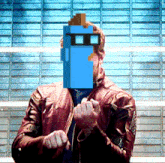 a man in a red leather jacket has a blue pixelated face behind him