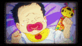 a baby with a pacifier in his mouth is crying while holding a toy