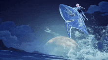 a man is riding a shark in the ocean