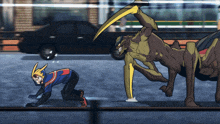 a cartoon of a man crawling towards a monster