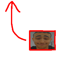 a picture of a man with a red arrow pointing upwards