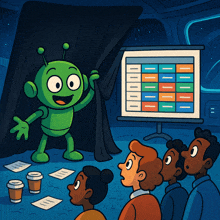 a cartoon of a green robot giving a presentation
