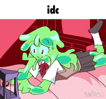 a cartoon of a green monster with the word idc on the bottom