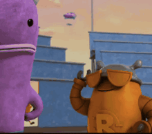 a cartoon character wearing sunglasses with the letter r on it