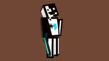 a black and white minecraft character with a green sword in his hand